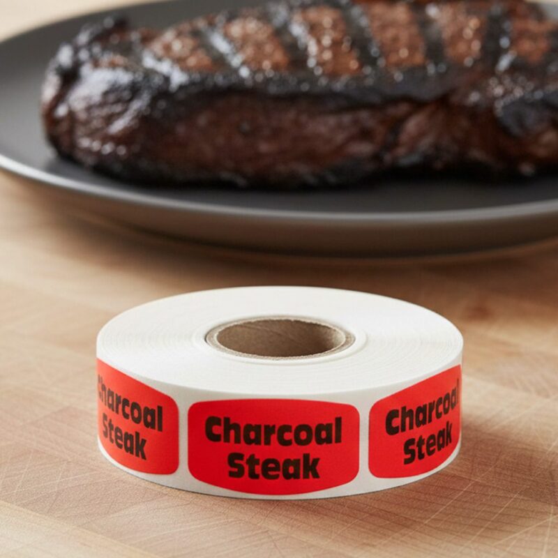 charcoal steak sticker on a red label with black print