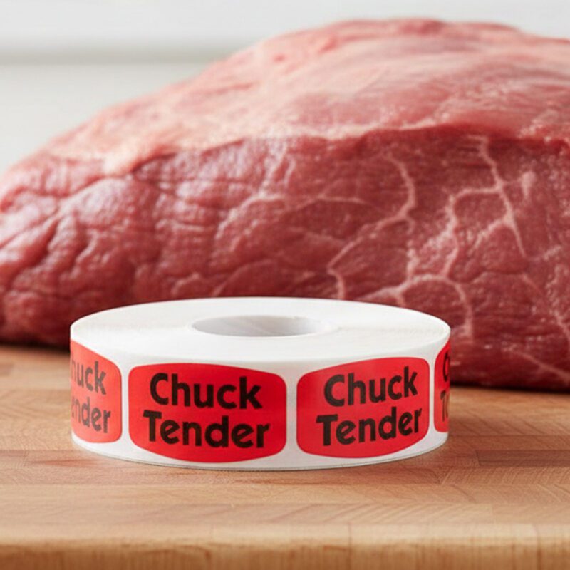 540036-Chuck-Tender-Label chuck tender sticker on a red label with black print
