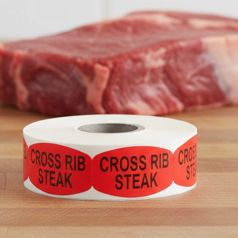 540039-Cross-Rib-Steak-Label cross rib sticker on a red label with black print
