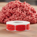 extra lean ground beef sticker on a red label with black print