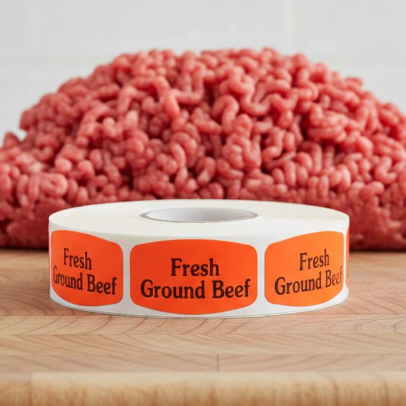fresh ground beef sticker on a red label with black print