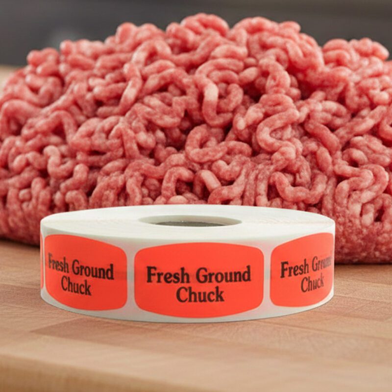 540052-Fresh-Ground-Chuck-Label fresh ground chuck sticker on a red label with black print