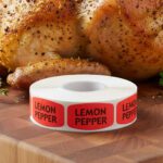 lemon pepper sticker on a red label with black print