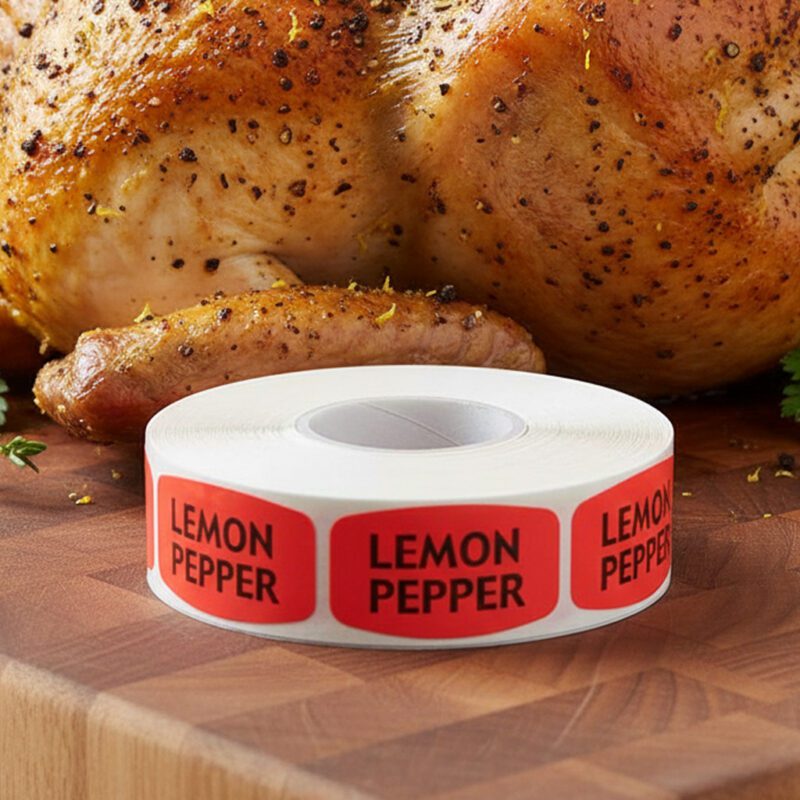 lemon pepper sticker on a red label with black print