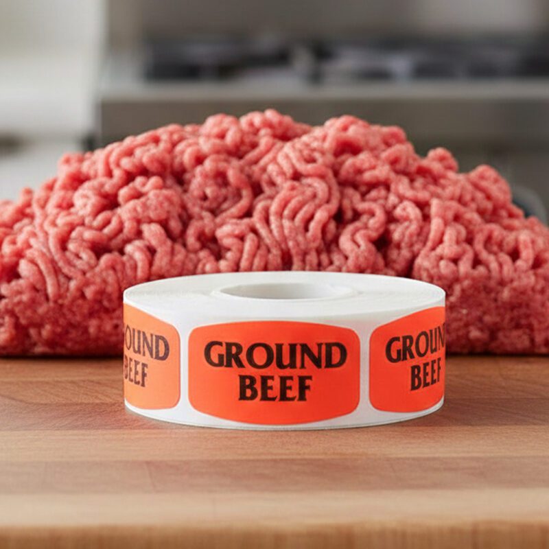 540054-Ground-Beef-Label ground beef sticker on a red label with black print
