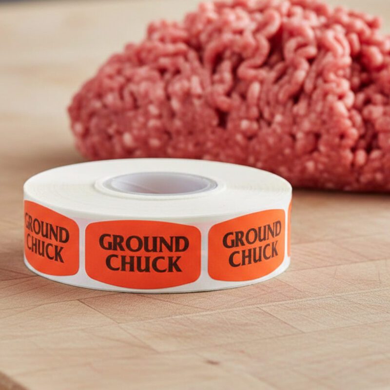 ground chuck sticker on a red label with black print