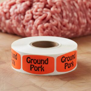 ground pork sticker on a red label with black print