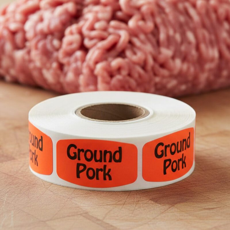 ground pork sticker on a red label with black print