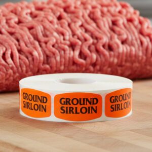 ground sirloin sticker on a red label with black print