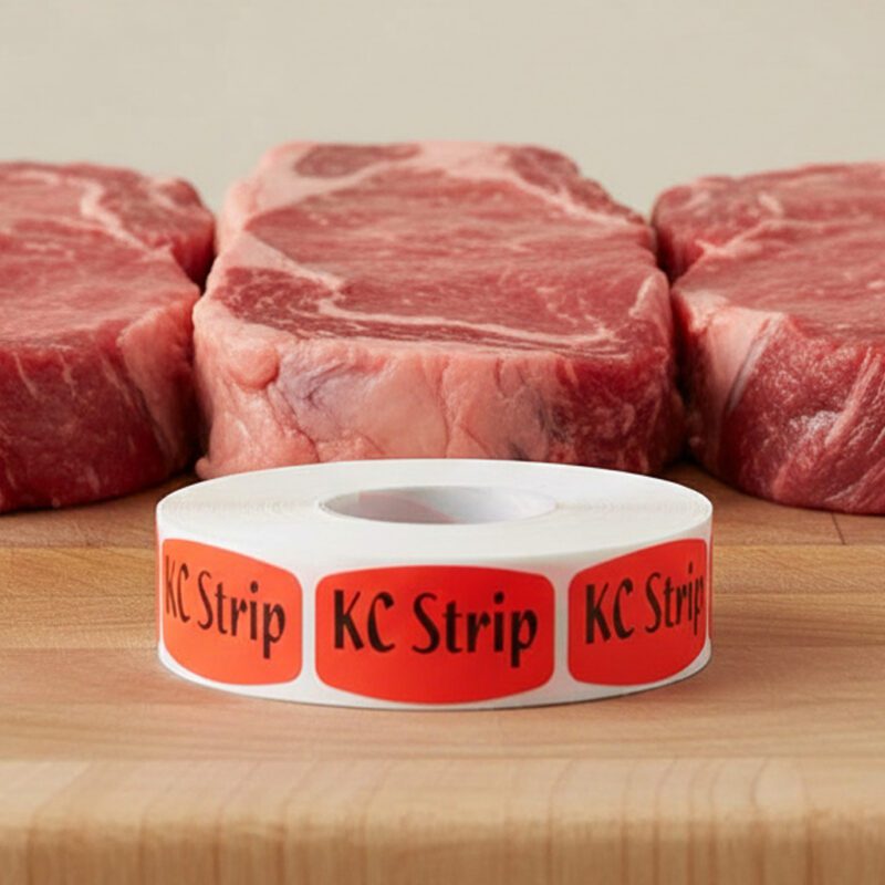 KC strip sticker on a red label with black print