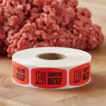 lean ground beef sticker on a red label with black print