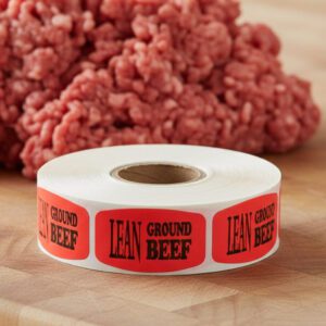 lean ground beef sticker on a red label with black print