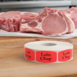 loin chop sticker on a red label with black print
