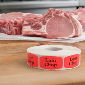 loin chop sticker on a red label with black print