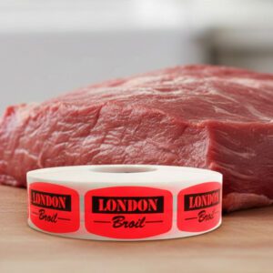 london broil sticker on a red label with black print