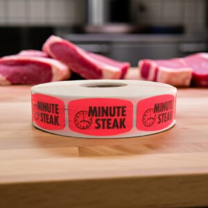 minute steak sticker on a red label with black text