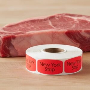 new york strip sticker on a red label with black text