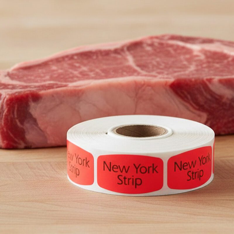 540073-New-York-Strip-Label new york strip sticker on a red label with black text
