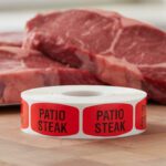 patio steak sticker on a red label with black text