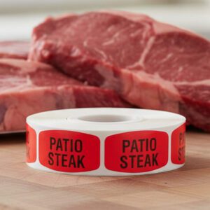 patio steak sticker on a red label with black text