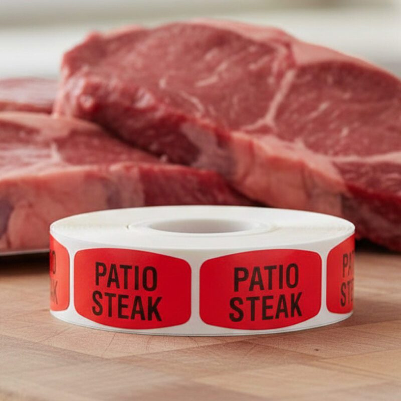 540075-Patio-Steak-Label patio steak sticker on a red label with black text