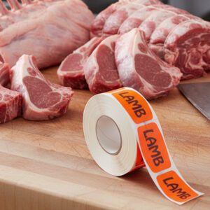 lamb sticker on a red label with black print