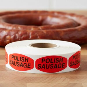 polish sausage sticker on a red label with black text