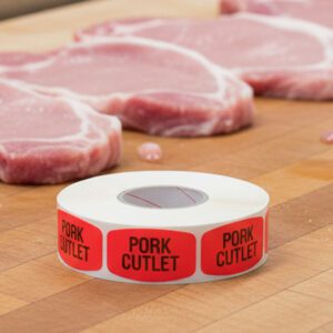 pork cutlet sticker on a red label with black text