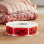 pork roast sticker on a red label with black text
