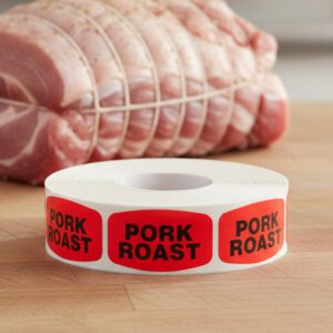 pork roast sticker on a red label with black text