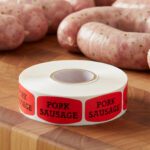pork sausage sticker on a red label with black text