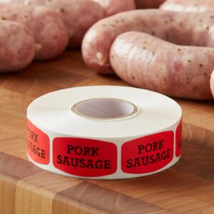 pork sausage sticker on a red label with black text