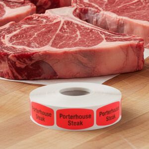 porterhouse steak sticker on a red label with black text