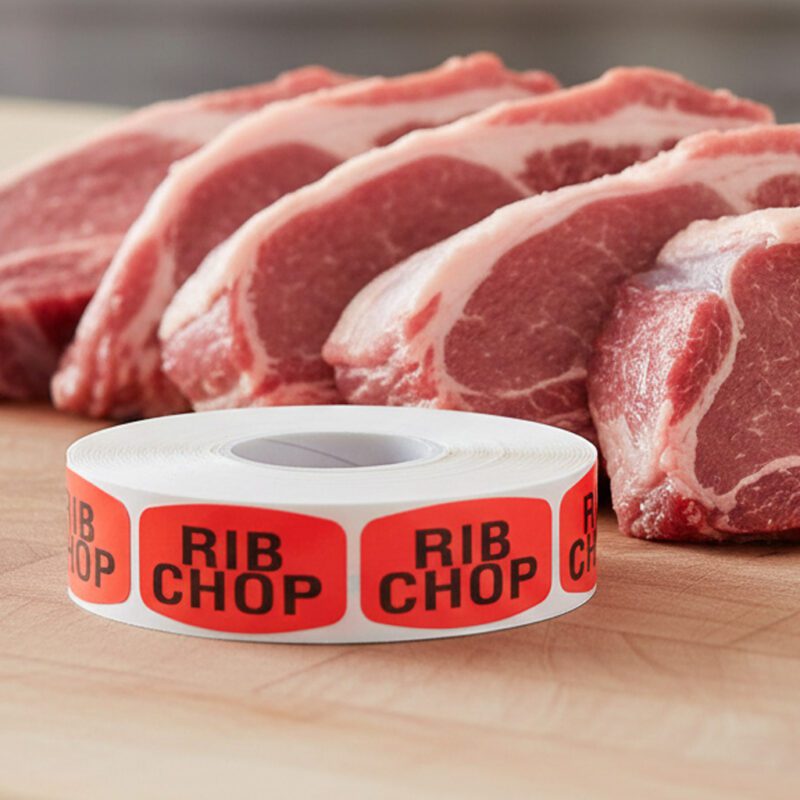rib chop sticker on a red label with black text