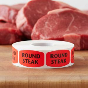 round steak sticker on a red label with black text