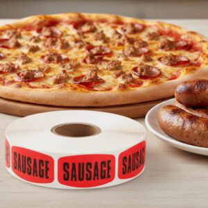 sausage sticker on a red label with black text