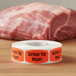 sirloin tip roast sticker on a red label with black text