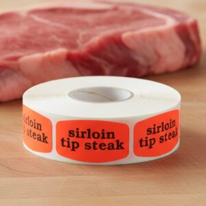 sirloin tip steak sticker on a red label with black text