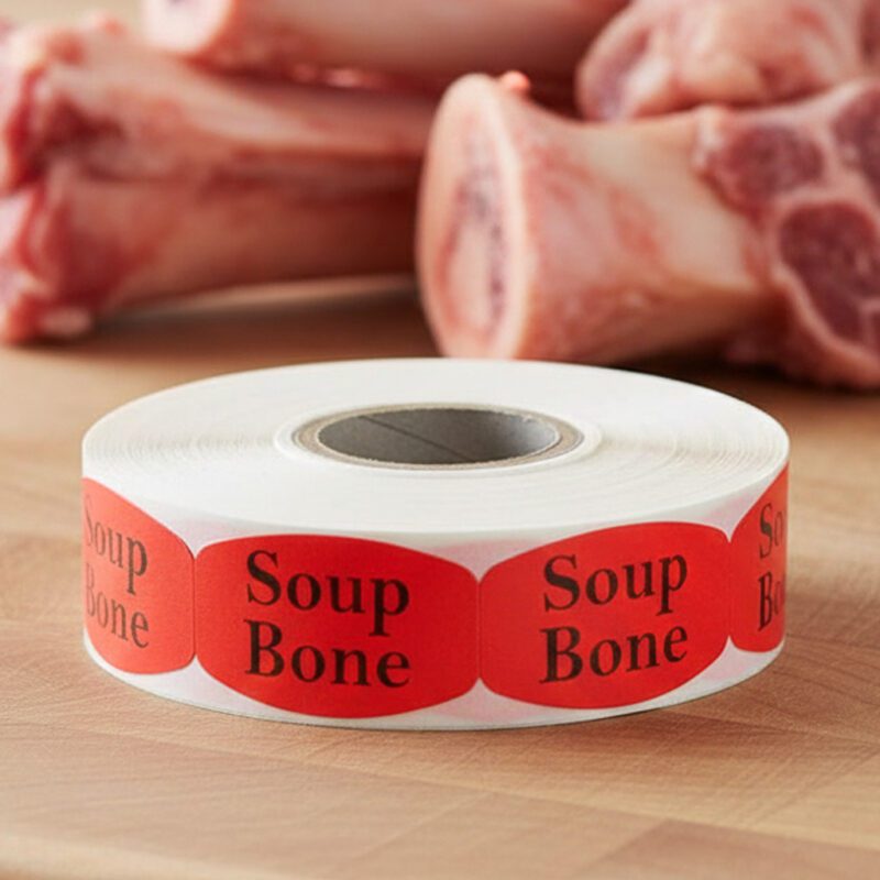soup bone sticker on a red label with black text
