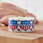 boneless sticker on a shield label printed with red, white and blue