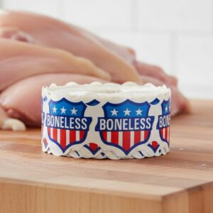 boneless sticker on a shield label printed with red, white and blue