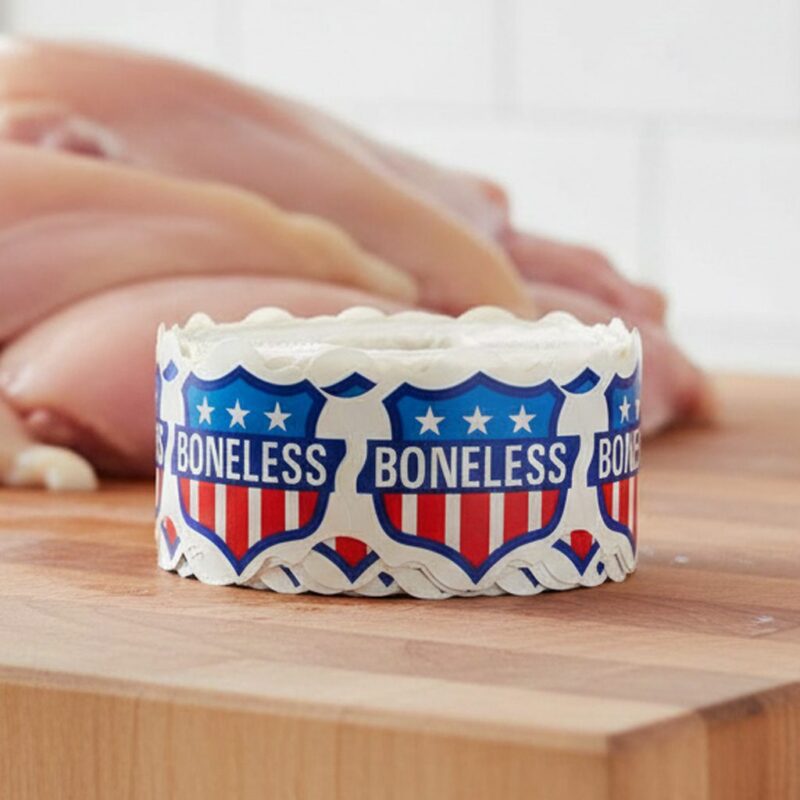 boneless sticker on a shield label printed with red, white and blue