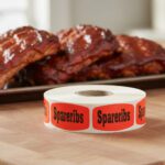 spareribs sticker on a red label with black text