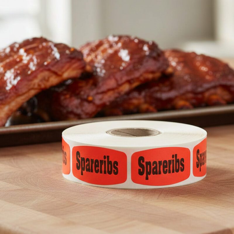 spareribs sticker on a red label with black text