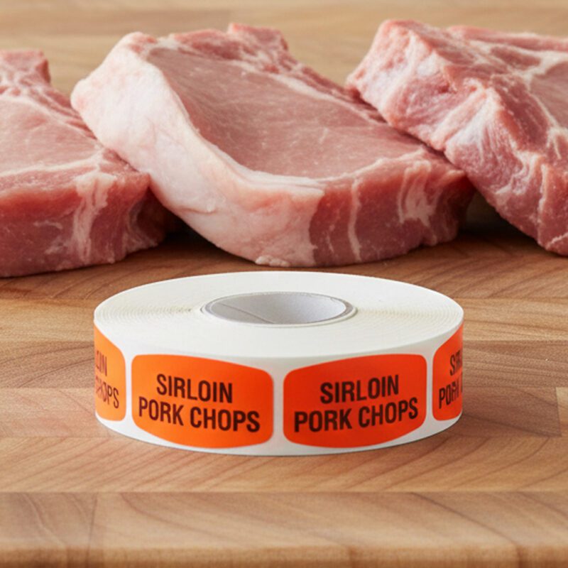540110-Sirloin-Pork-Chops-Label sirloin pork chops sticker on a red label with black text