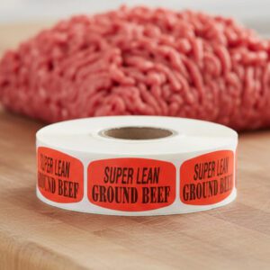 super lean ground beef sticker on a red label with black text