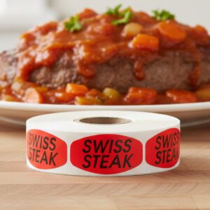swiss steak sticker on a red label with black text