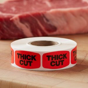 thick cut sticker on a red label with black text
