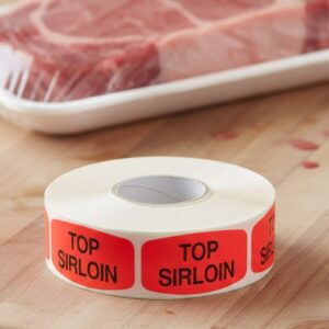 Top Sirloin Butcher sticker red identification label with black print on a roll of stickers