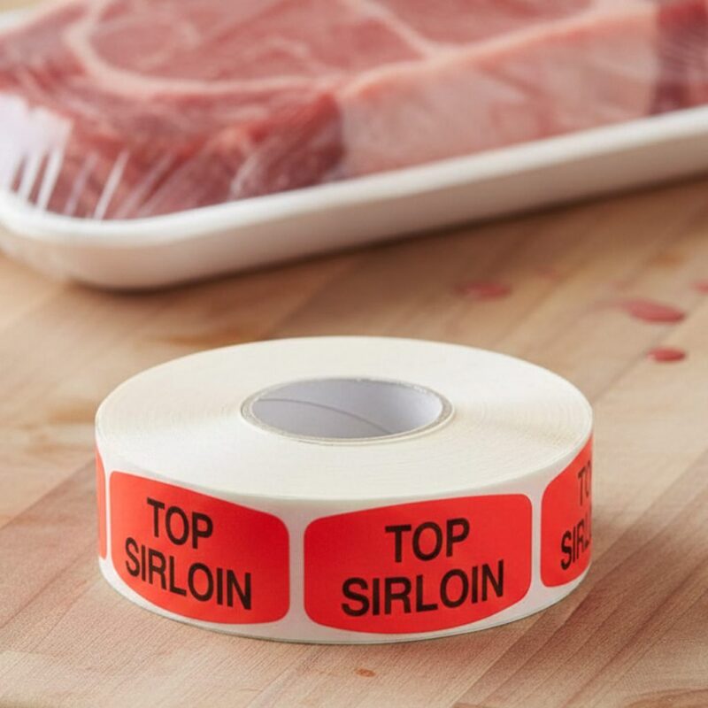 540121-Top-Sirloin-Steak-Label-Butcher-Sticker Top Sirloin Butcher sticker red identification label with black print on a roll of stickers